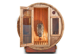 A wooden barrel sauna with open door, wifi heater and tempered glass windows.