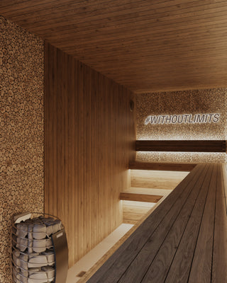Wooden sauna interior render with '#WITHOUTLIMITS' sign on the wall.