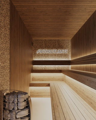 Halifax boxing gym's new sauna render with wooden benches and warm lighting