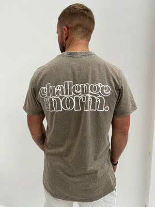 Back view of branded acid wash tee – individually dyed cotton with unique texture